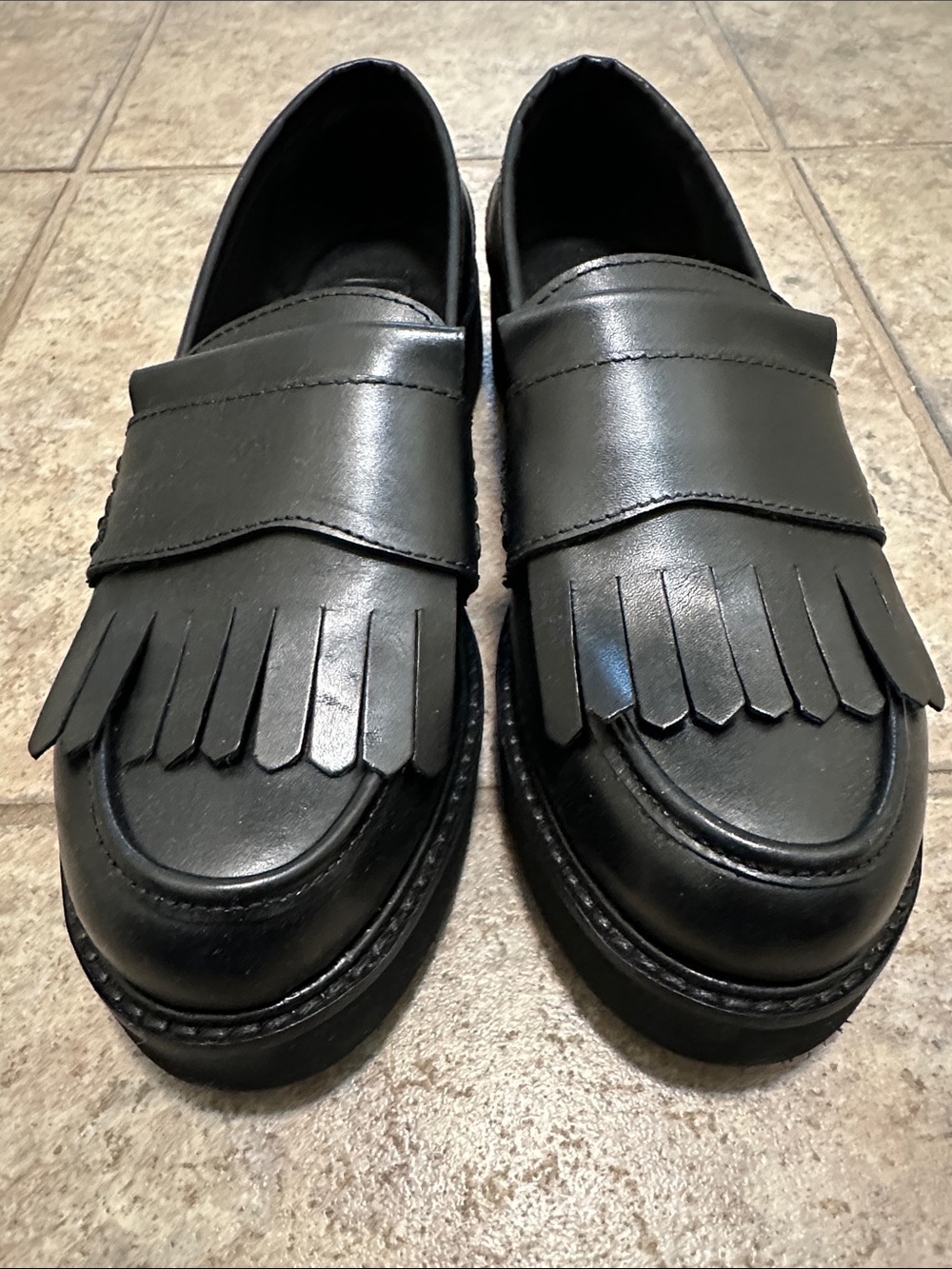 Women’s 8 By YOOX Leather Black Fringe Penny Loafers NWOB